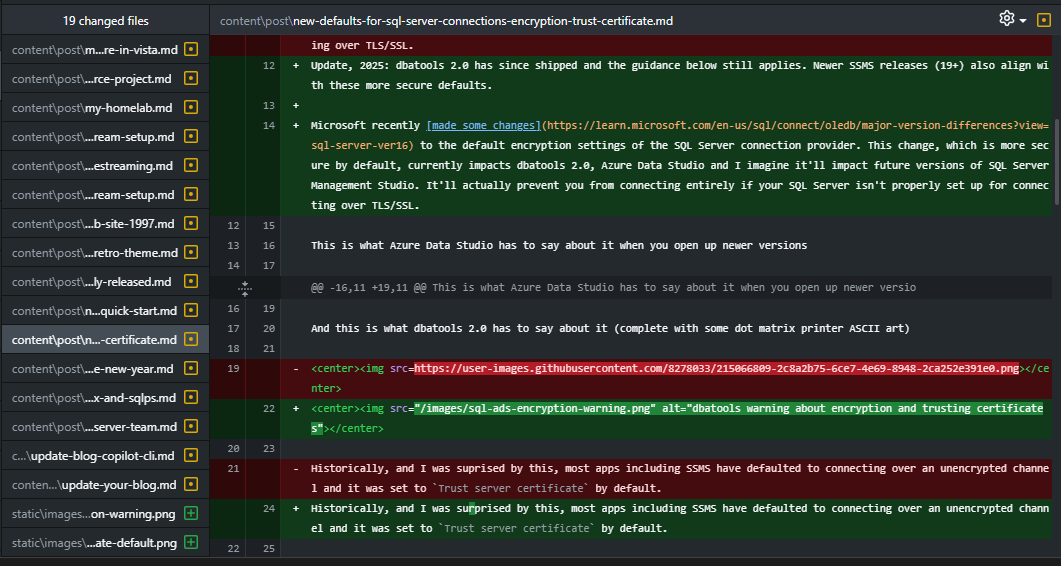 Git diff showing blog post improvements