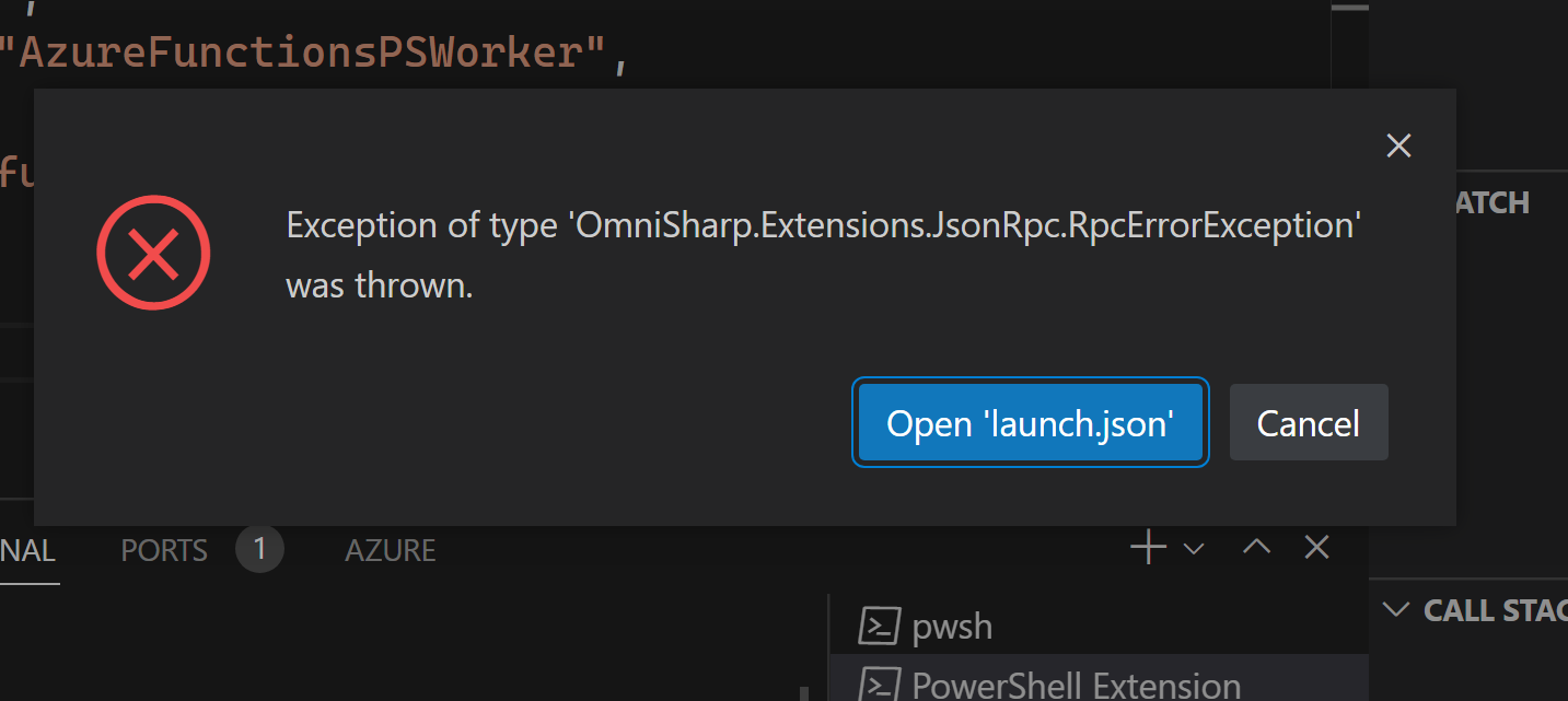 Exception of type &#39;OmniSharp.Extensions.JsonRpc.RpcErrorException&#39; was thrown